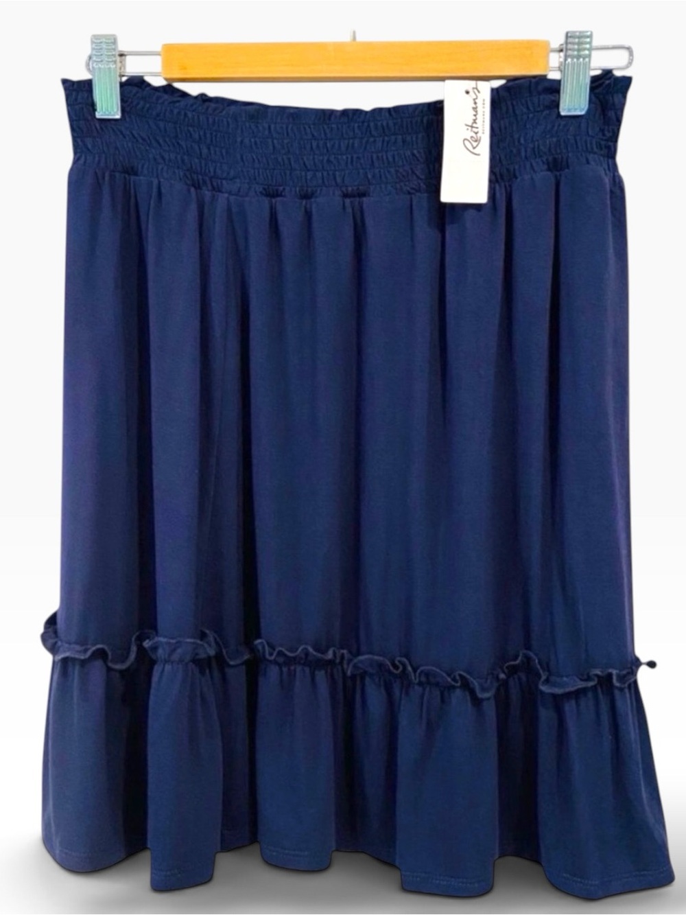 NWT Reitmans cute woven skirt navy blue soft jersey smock elastic waisted medium